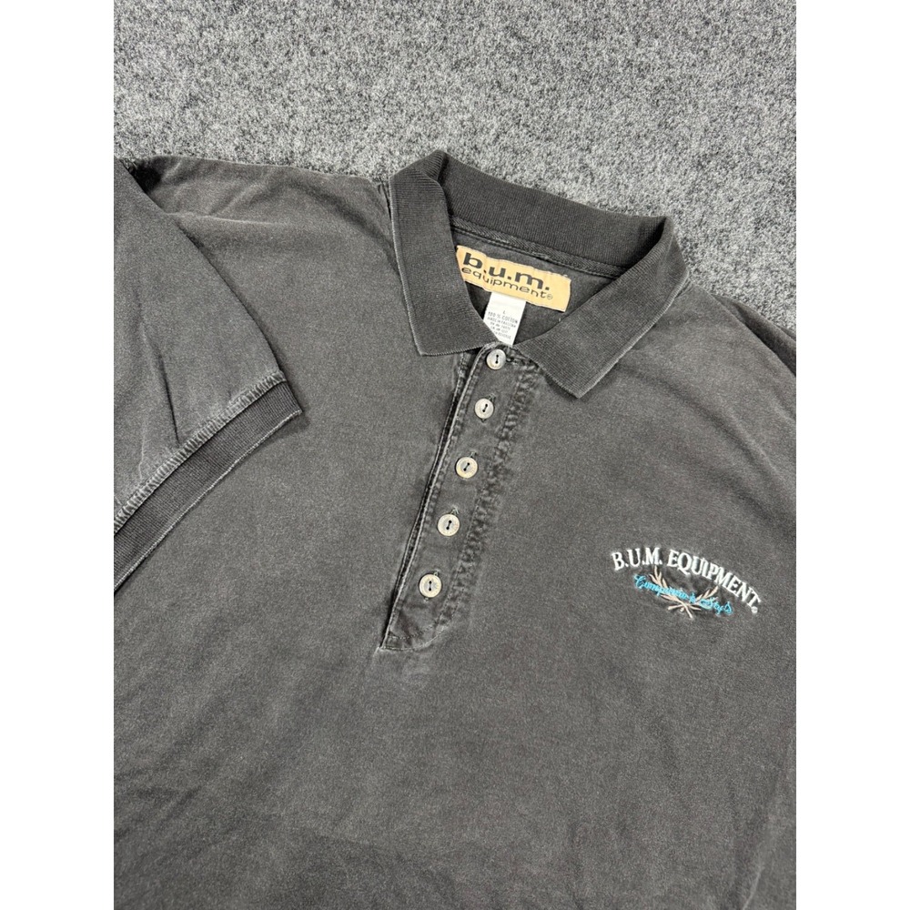 VTG BUM Equipment Polo Shirt Mens L Black Faded Embroidered 90s Cotton